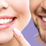 Perfect healthy teeth smile of a young woman. Teeth whitening. Dental clinic patient. Image symbolizes oral care dentistry, stomatology. blue Background.